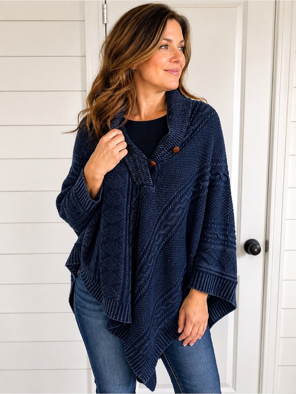 Ralph Lauren Navy Cable Knit Poncho Cardigan Sweater Shawl Wrap Oversized Cozy